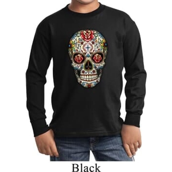 Kids Skull Shirt Sugar Skull with Roses Long Sleeve Tee T-Shirt