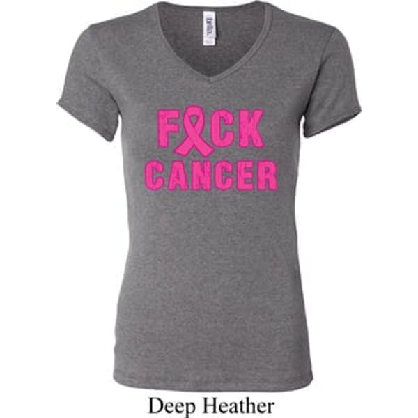 Ladies Breast Cancer Awareness Shirt F*CK Cancer V-neck Tee T-Shirt