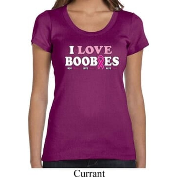 Ladies Breast Cancer Shirt I Love Boobies Scoop Neck Tee T-Shirt