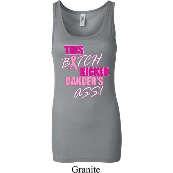 Ladies Breast Cancer Tanktop Kicked Cancers Ass Longer Length Tank Top