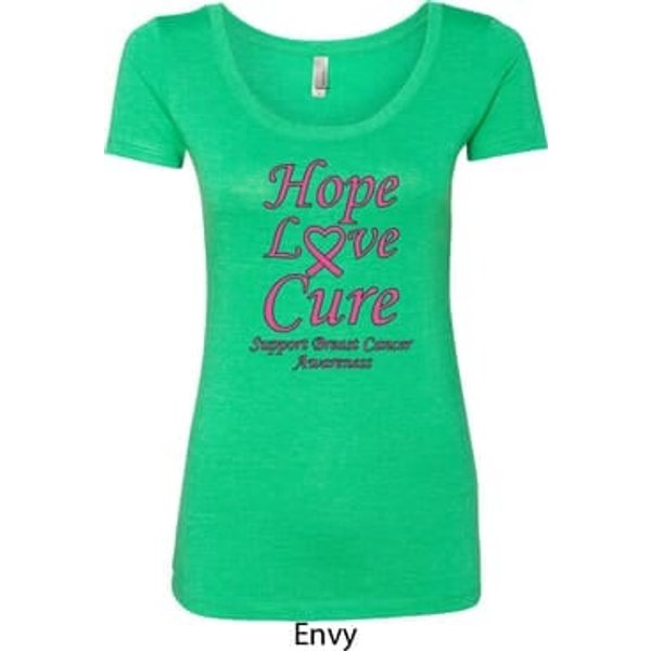 Ladies Breast Cancer Tee Hope Love Cure Scoop Neck