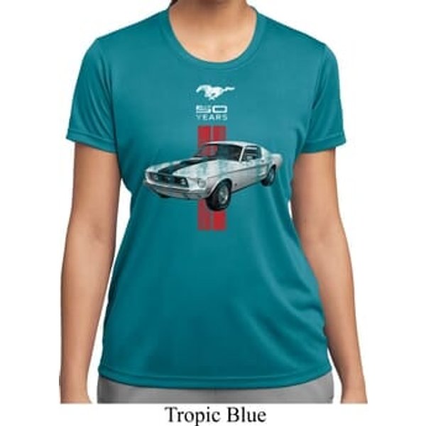 Ladies Ford Shirt Red Stripe Mustang 50 Years Moisture Wicking Tee