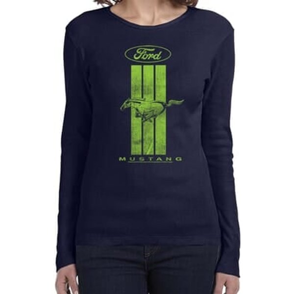 Ladies Ford Tee Green Mustang Stripe Long Sleeve