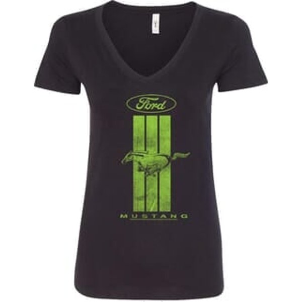 Ladies Ford Tee Green Mustang Stripe V-Neck