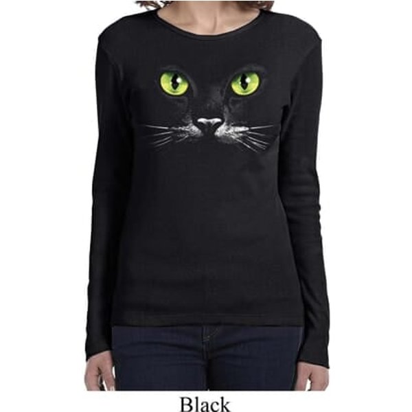 Ladies Halloween Shirt Black Cat Long Sleeve Tee T-Shirt