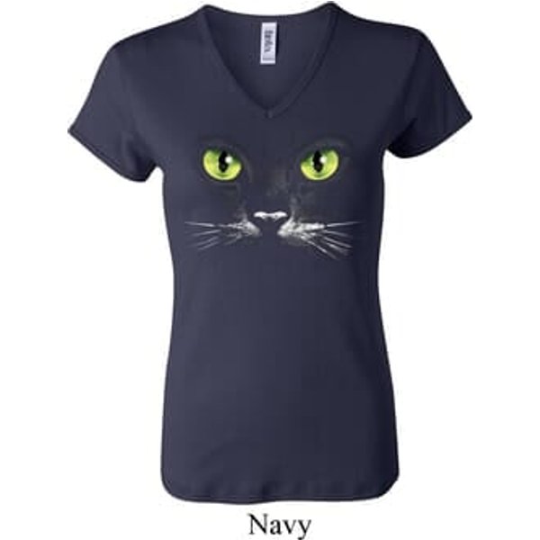 Ladies Halloween Shirt Black Cat V-neck Tee T-Shirt