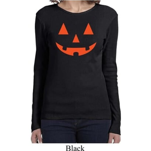 Ladies Halloween Shirt Orange Jack O Lantern Long Sleeve Tee T-Shirt