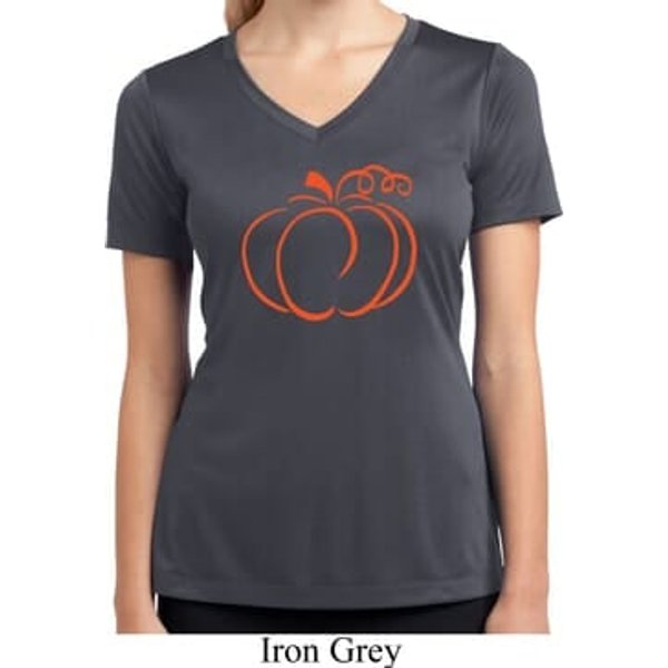 Ladies Halloween Tee Pumpkin Sketch Dry Wicking V-neck