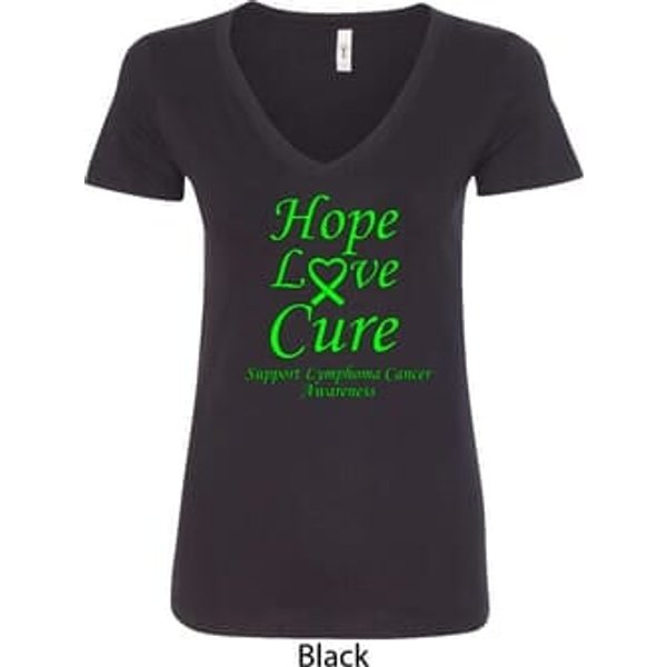 Ladies Lymphoma Cancer Hope Love Cure V-Neck