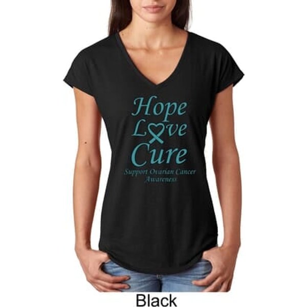 Ladies Ovarian Cancer Hope Love Cure Tri Blend V-neck
