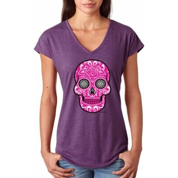 Ladies Pink Sugar Skull Tri Blend V-neck