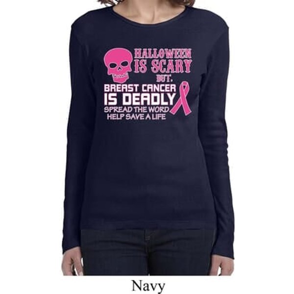 Ladies Shirt Halloween Scary Breast Cancer Deadly Long Sleeve Tee