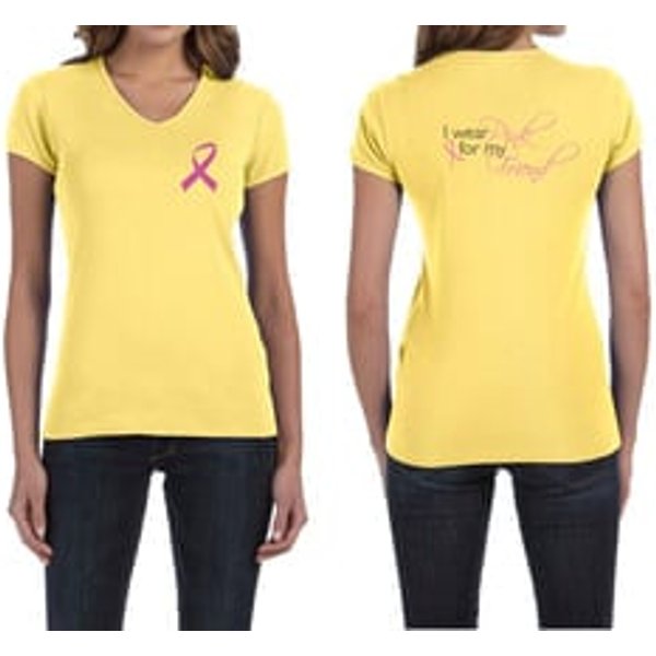 Ladies Shirt Pink Ribbon For My Friend Front & Back Print V-neck Tee