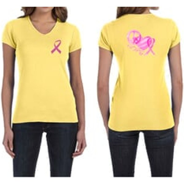 Ladies Shirt Pink Ribbon Peace Love Hope Front & Back Print V-neck Tee
