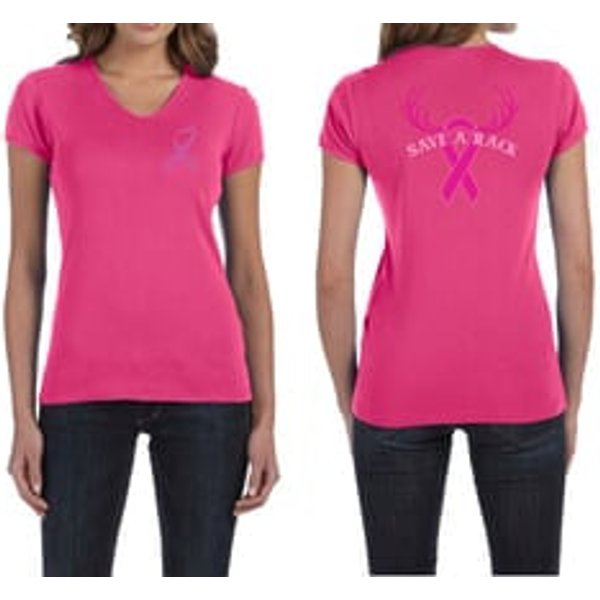 Ladies Shirt Pink Ribbon Save a Rack Front & Back Print V-neck Tee
