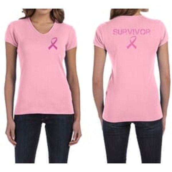 Ladies Shirt Pink Ribbon Survivor Front & Back Print V-neck T-Shirt