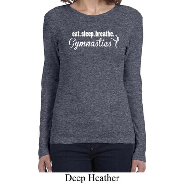 Ladies Shirt White Eat Sleep Breathe Gymnastics Long Sleeve Tee