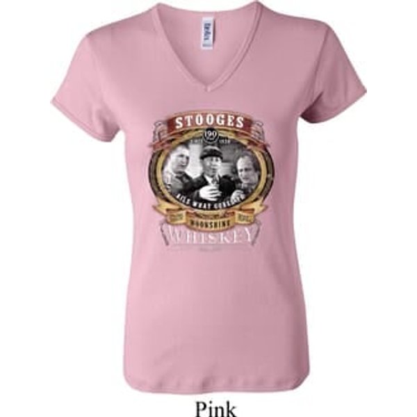 Ladies Three Stooges Shirt Moonshine Whiskey V-neck Tee T-Shirt