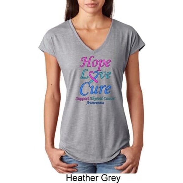Ladies Thyroid Cancer Hope Love Cure Tri Blend V-neck