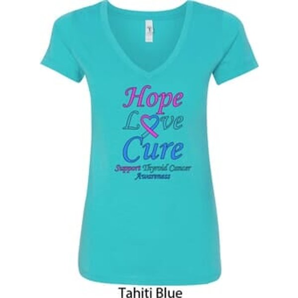Ladies Thyroid Cancer Hope Love Cure V-Neck