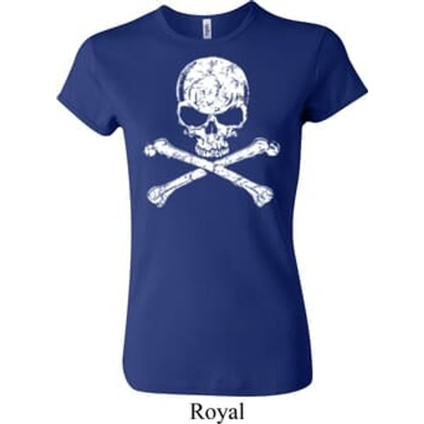 Ladies White Distressed Skull Crewneck Shirt