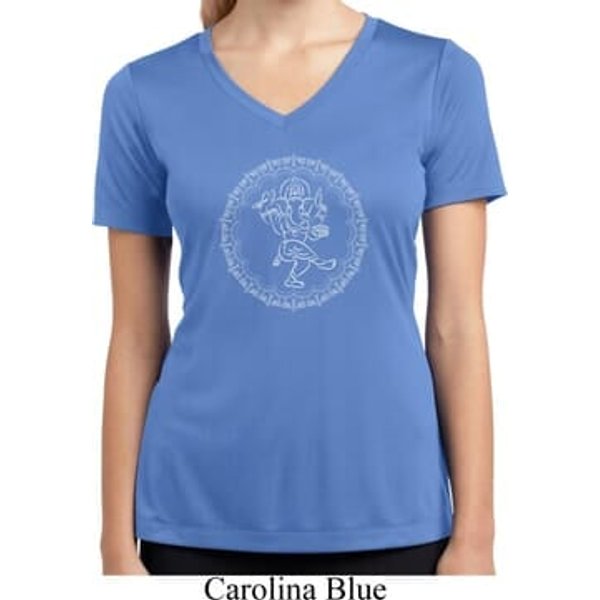 Ladies Yoga Circle Ganesha White Print Moisture Wicking V-neck