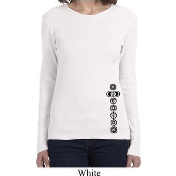 Ladies Yoga Shirt Black 7 Chakras Bottom Print Long Sleeve Tee T-Shirt
