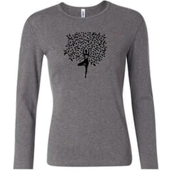 Ladies Yoga Shirt Black Tree Pose Long Sleeve Tee T-Shirt
