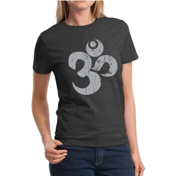 Ladies Yoga Shirt Grey Distressed OM Tee T-Shirt
