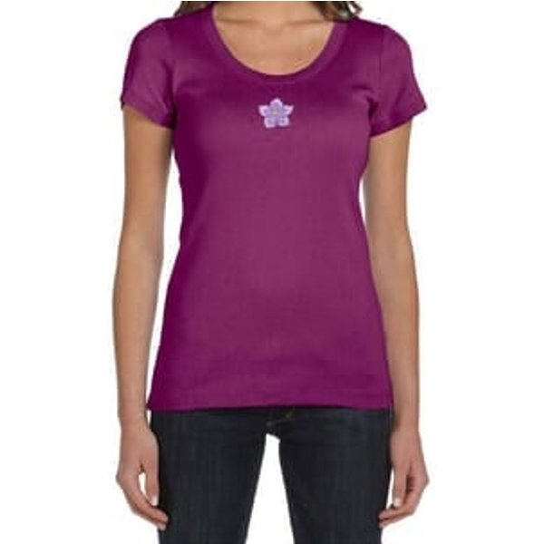Ladies Yoga Shirt Layered Flower Patch Scoop Neck Tee T-Shirt