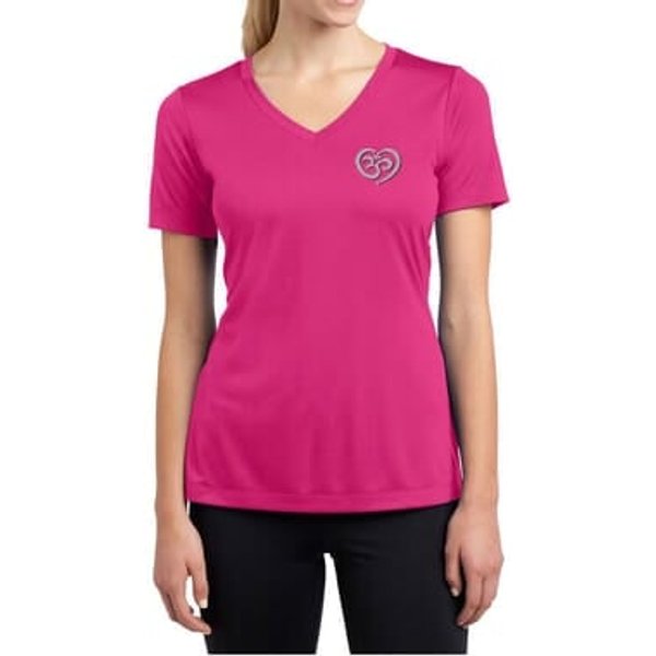 Ladies Yoga Shirt OM Heart Pocket Print Moisture Wicking V-neck Tee