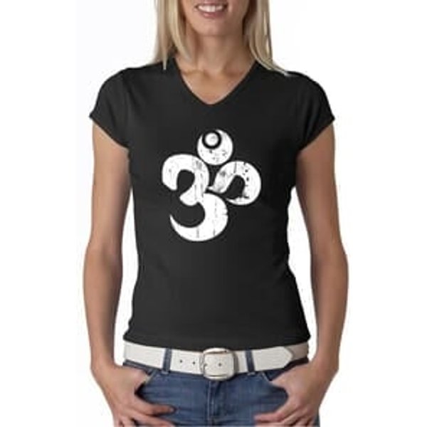 Ladies Yoga Shirt White Distressed OM V-neck Tee T-Shirt