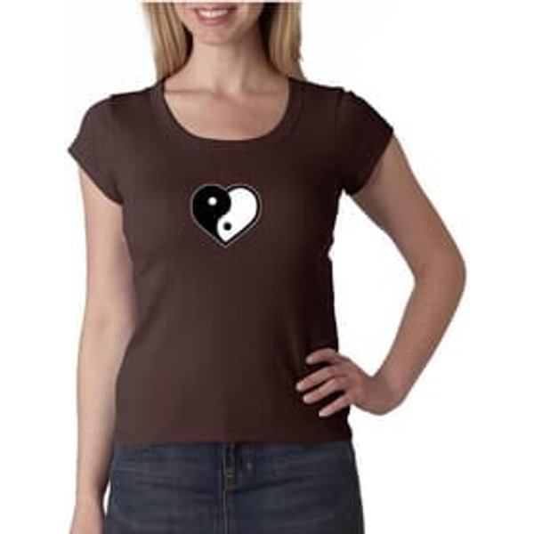 Ladies Yoga Shirt Yin Yang Heart Small Print Scoop Neck Tee T-Shirt