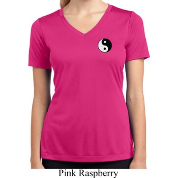 Ladies Shirt Yin Yang Patch Pocket Print Moisture Wicking V-neck Tee