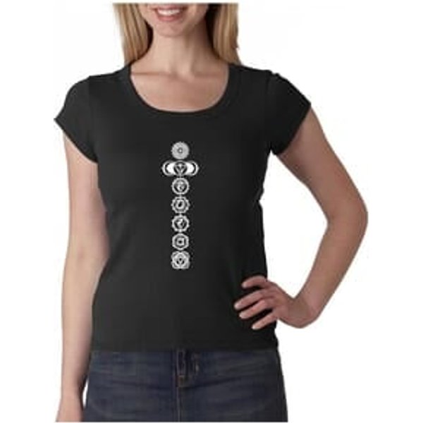 Ladies Yoga T-shirt 7 Chakras White Print Scoop Neck Shirt