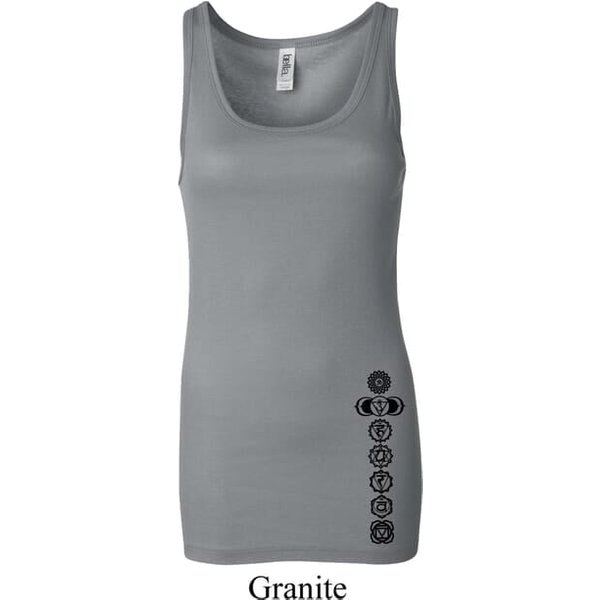 Ladies Yoga Tanktop Black 7 Chakras Bottom Print Longer Length Tank