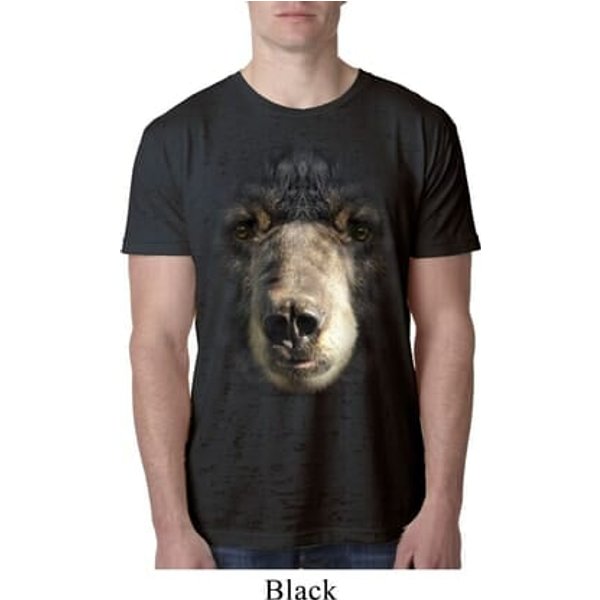 Mens Black Bear Shirt Big Black Bear Face Black Burnout T-Shirt