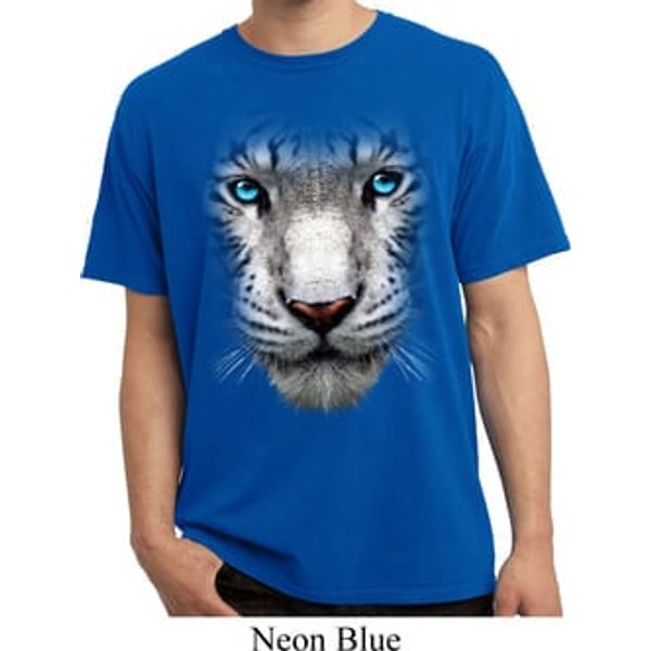 Mens Shirt Big White Tiger Face Pigment Dyed Tee T-Shirt