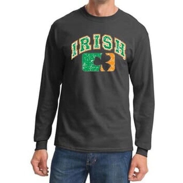 Mens Shirt Distressed Irish Shamrock Long Sleeve Tee T-Shirt