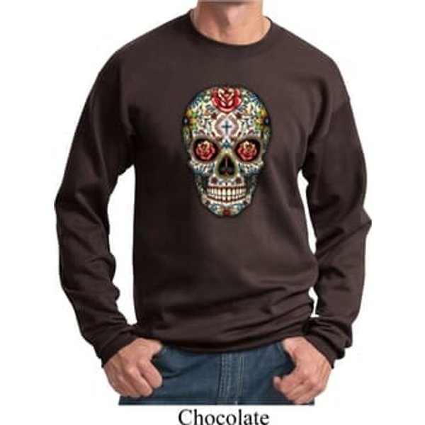 Mens Skull Sweatshirt Sugar Skull with Roses Sweat Shirt
