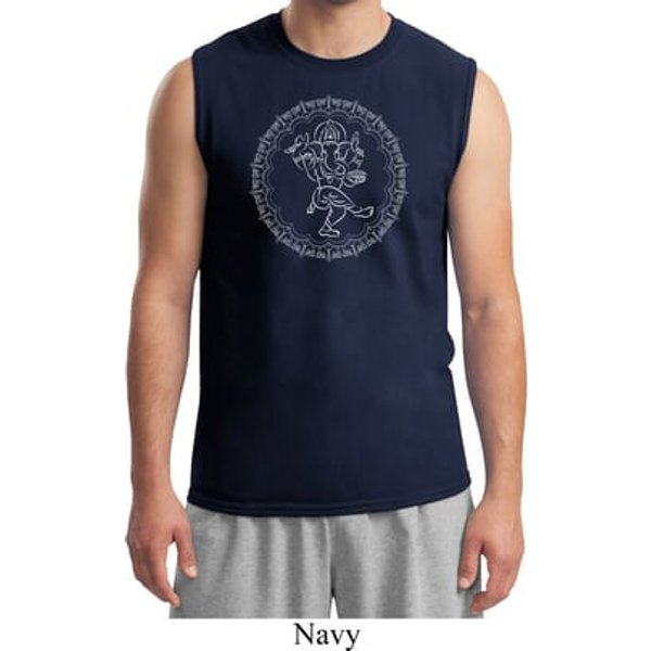 Clearance - Mens Circle Ganesha White Print Muscle Yoga Shirt