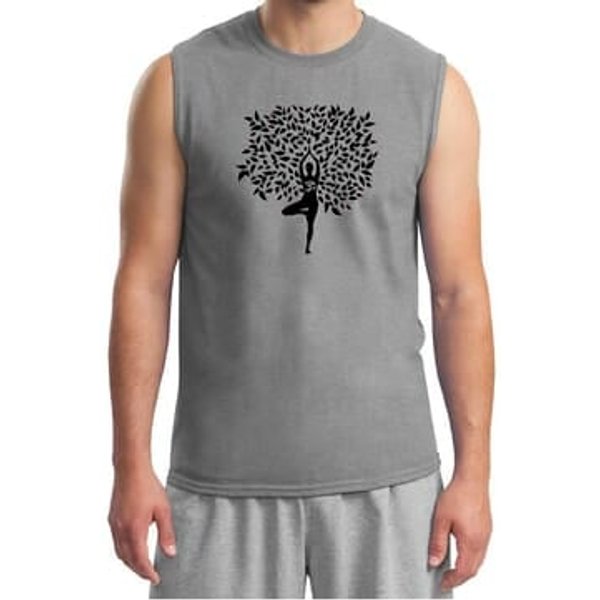 Mens Yoga Shirt Black Tree Pose Muscle Tee T-Shirt