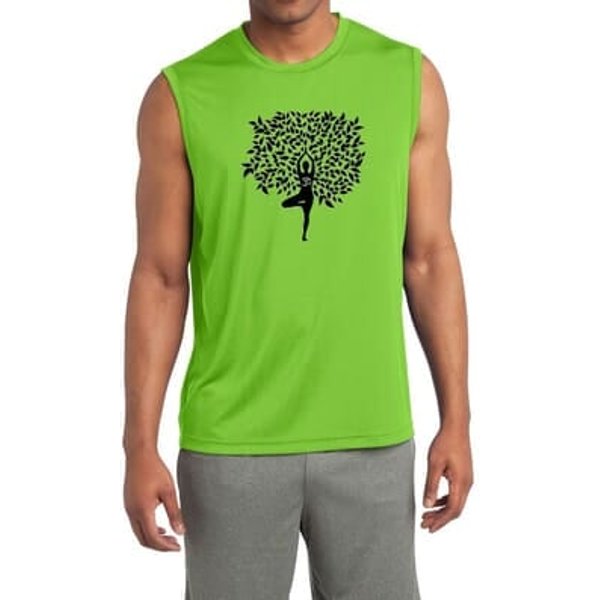 Mens Yoga Shirt Black Tree Pose Sleeveless Moisture Wicking Tee