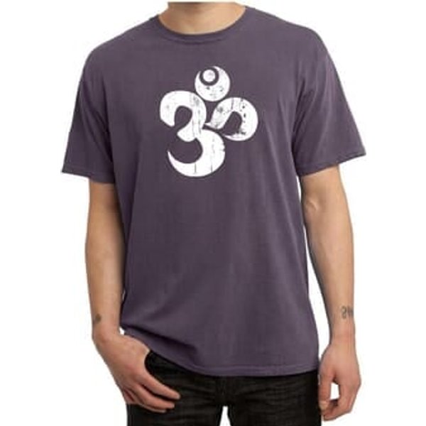 Mens Yoga Shirt White Distressed OM Pigment Dyed Tee T-Shirt