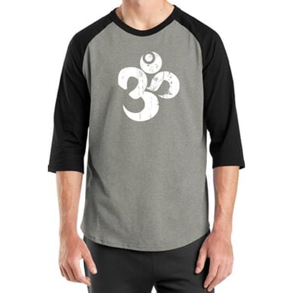 Mens Yoga Shirt White Distressed OM Raglan Tee T-Shirt