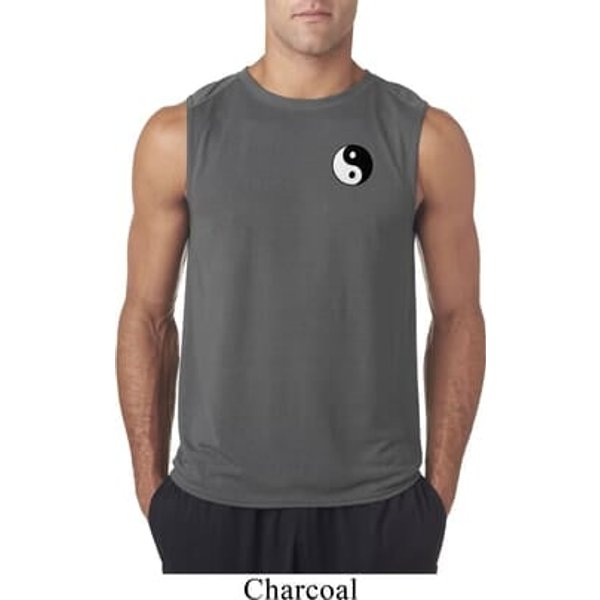 Mens Yoga Shirt Yin Yang Patch Pocket Print Sleeveless Tee T-Shirt