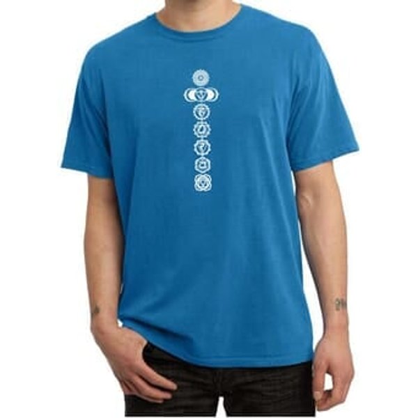 Mens Yoga T-shirt 7 Chakras White Print Pigment Dyed Shirt