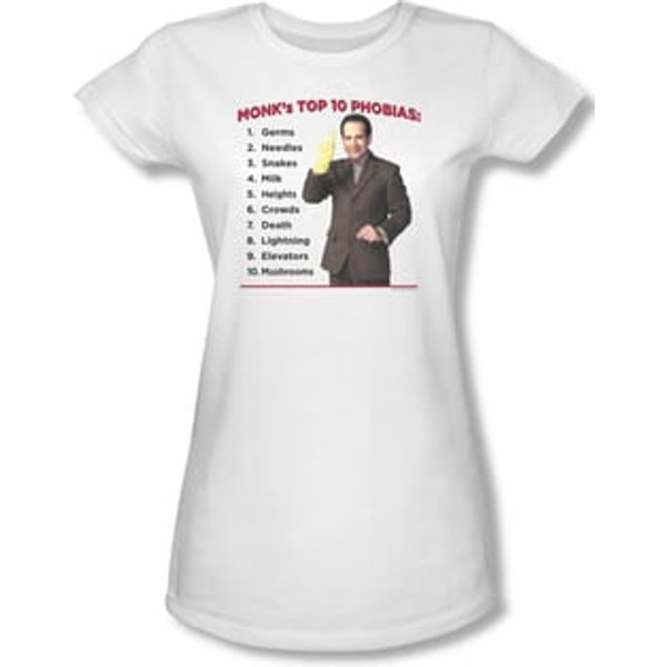 Monk Shirt Juniors Top Ten Phobias White Tee T-Shirt
