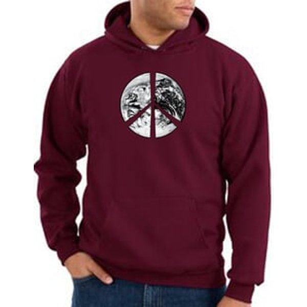 Peace Sign Hoodie Sweatshirt Earth Satellite Image Maroon Hoody