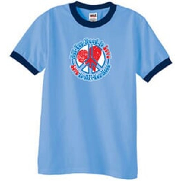 Peace Sign T-shirt All You Need Is Love Ringer Tee Carolina Blue/Navy